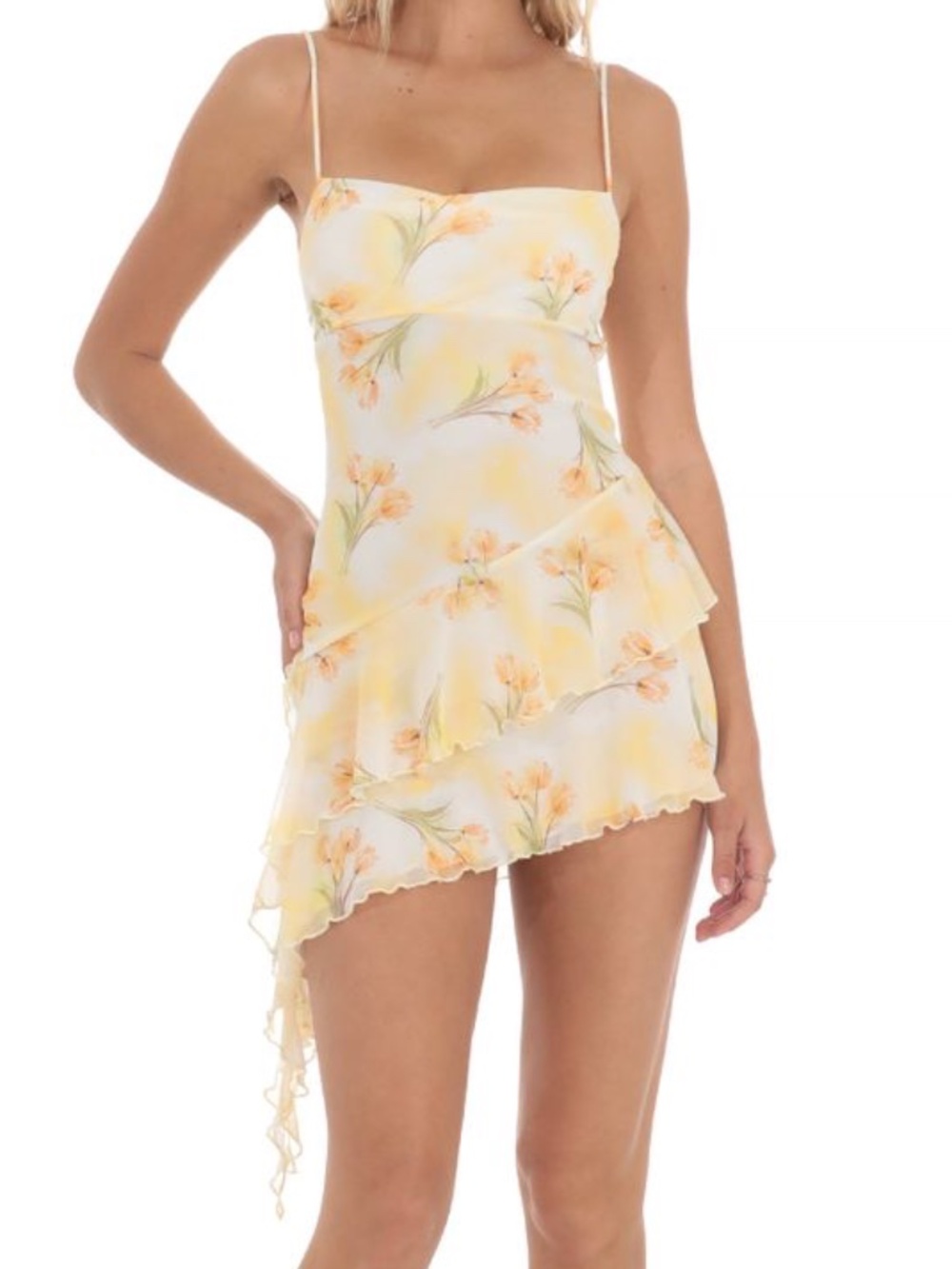 Lucy in the Sky Tulip Mesh Tassel Dress in Yellow and White